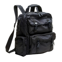 A black, multi-pocketed backpack with adjustable straps, ideal for travel or everyday use. background removed