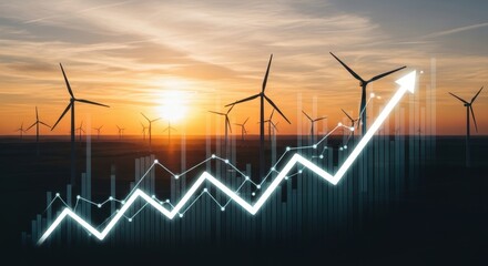 Sustainable Energy Growth and Financial Market Trends Illustrated by Wind Turbine Power Generation and Upward Stock Market Charts at Sunset