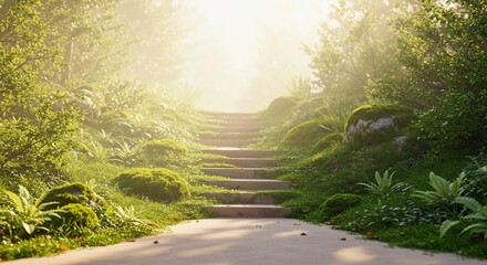 緑輝く階段 光溢れる森道 静寂な朝