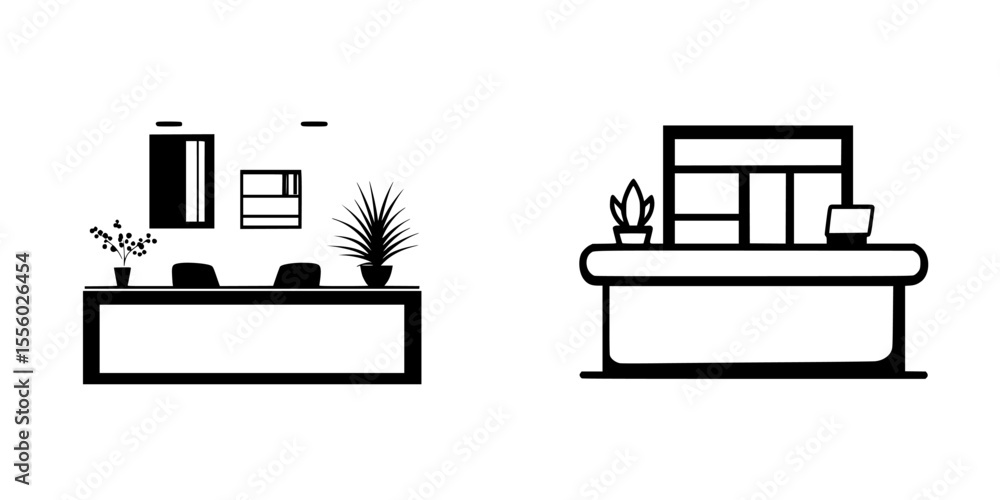 Poster black icon depicting modern office reception desk and workspace with plants and decorative elements 