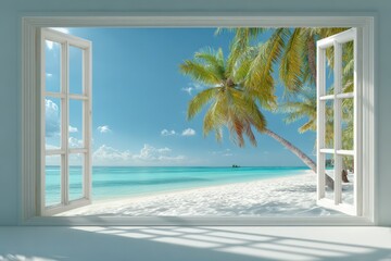 Open window framing a tropical beach. Calm water background for home décor use