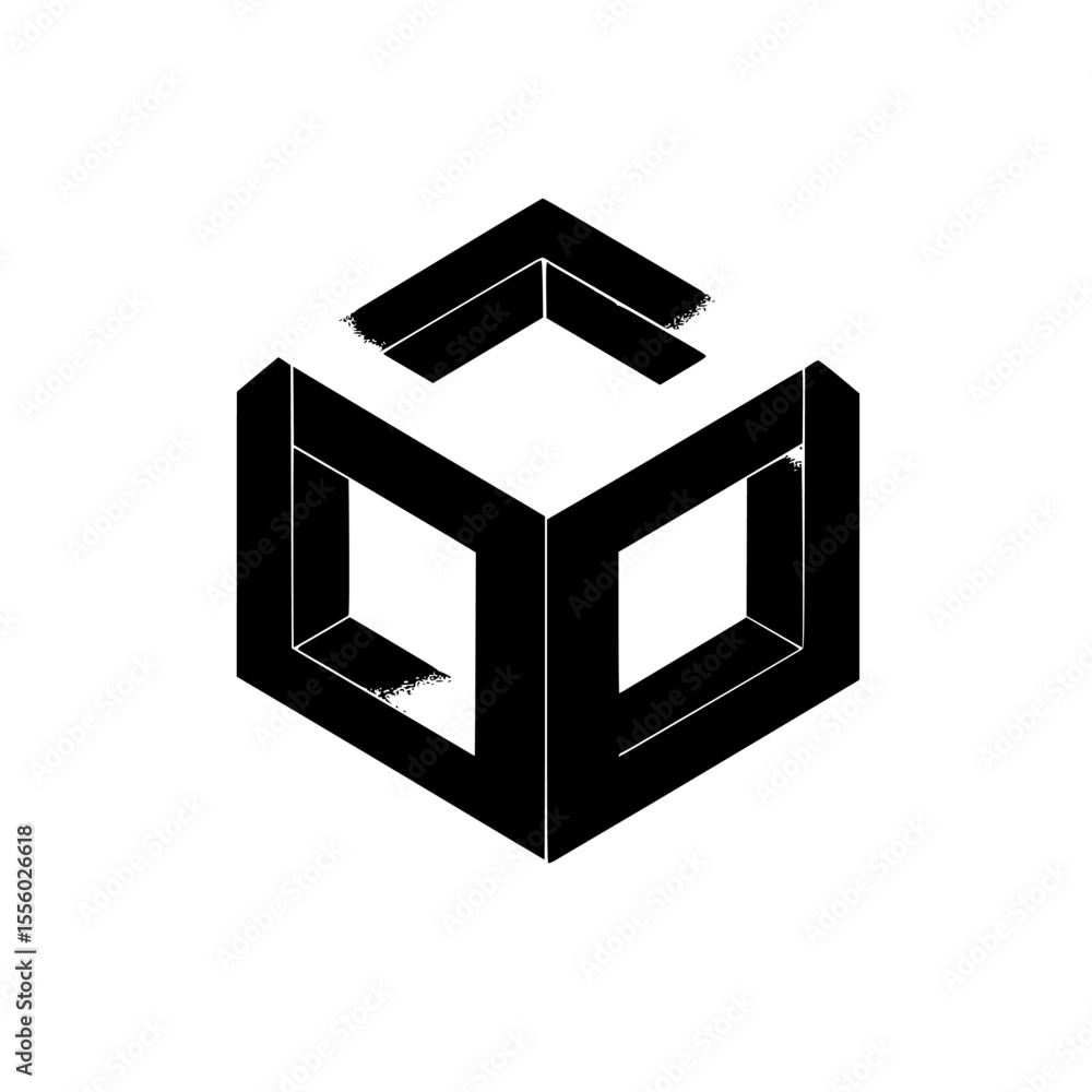 Poster black icon depicting a geometric cube design with unique overlapping elements in a minimalist style