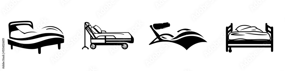 Poster set of black icons depicting various types of beds and mattresses for design and health applications
