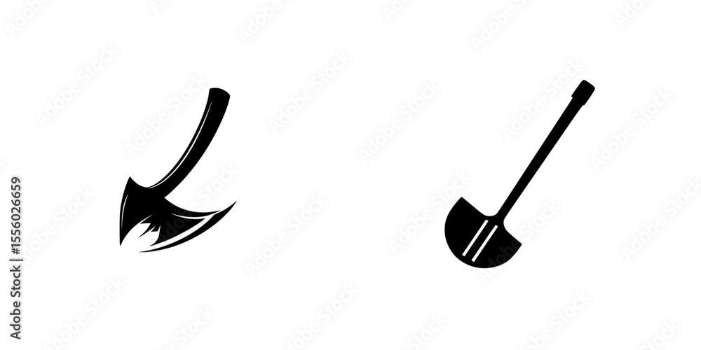 Poster set of black icons representing a pickaxe and a shovel suitable for various graphic design projects