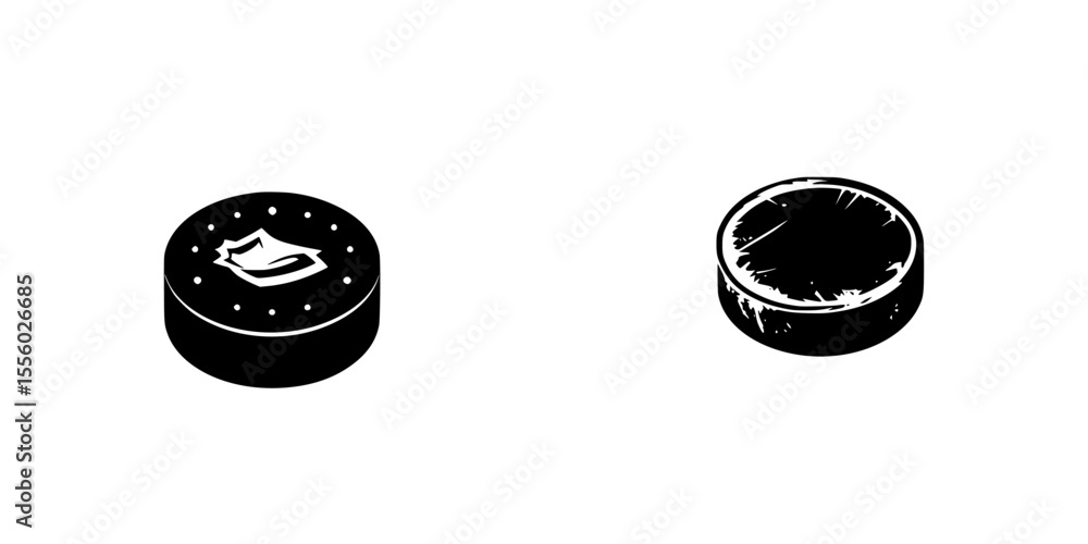 Poster set of two black icons depicting circular objects with distinct surface designs suitable for various