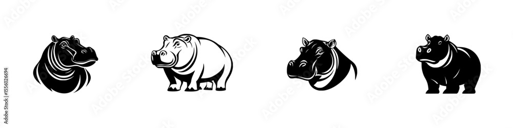 Poster set of four black icons depicting stylized hippos in various poses and orientations for use in digit