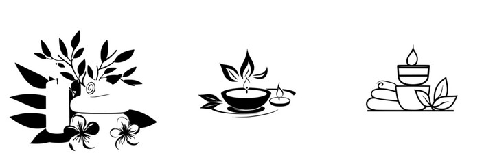 Elegant black icons representing wellness, relaxation, and tranquility with candles, leaves, and spa elements for holistic design projects