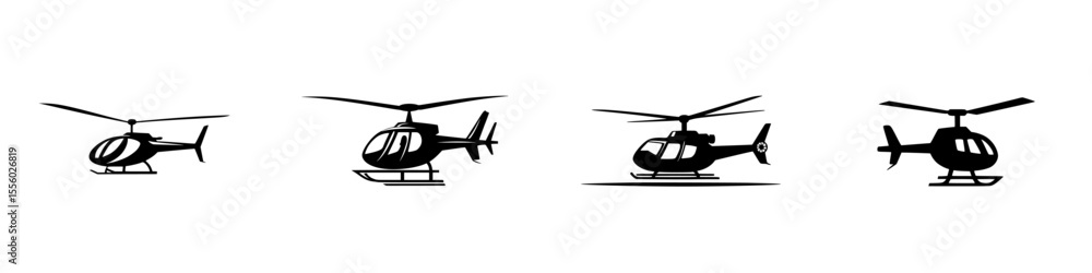 Poster set of black helicopter icons showcasing various angles and styles for design and illustration use i