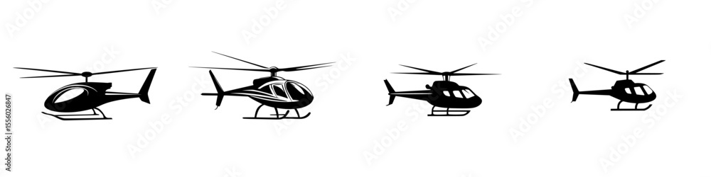 Poster set of black helicopter icons demonstrating different styles and designs suitable for various applic