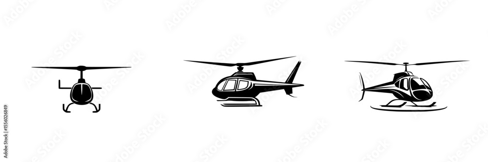 Poster black icon set featuring three distinct helicopter designs on a plain background for graphic use