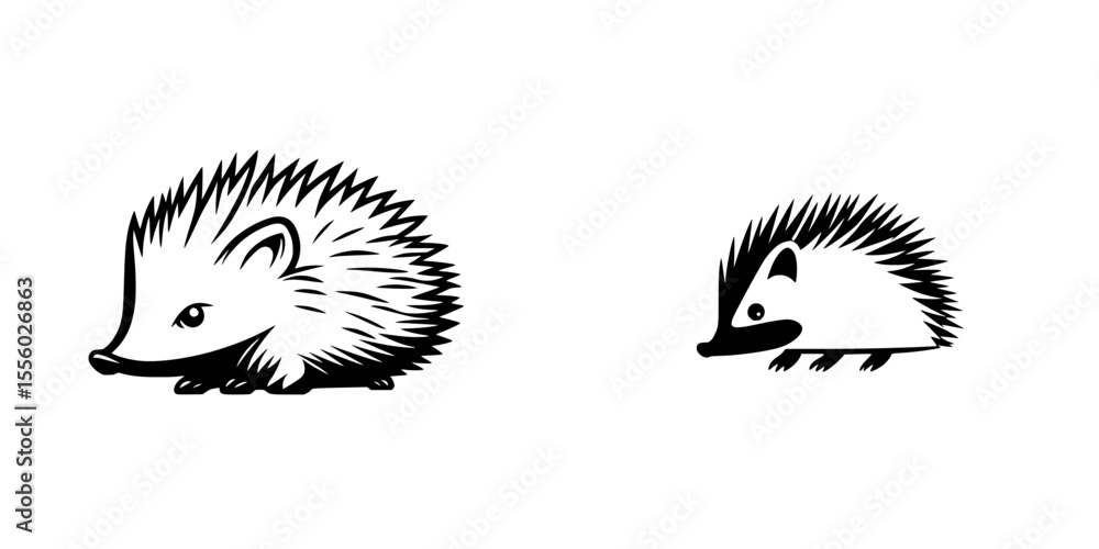 Poster black icon of two hedgehogs featuring detailed spines and distinct features set against a simple bac
