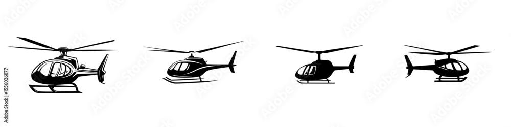 Poster set of black helicopter icons showcasing different angles and designs for use in various graphic app