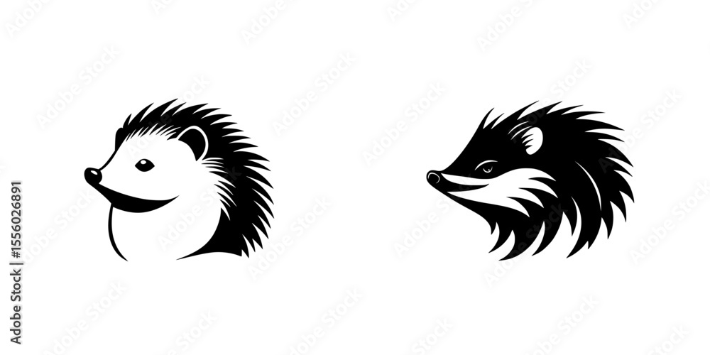 Poster two black icons of hedgehogs designed in a simple and modern style showcasing unique features and ch