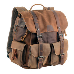 A vintage-style brown leather backpack with multiple pockets and adjustable straps. background removed