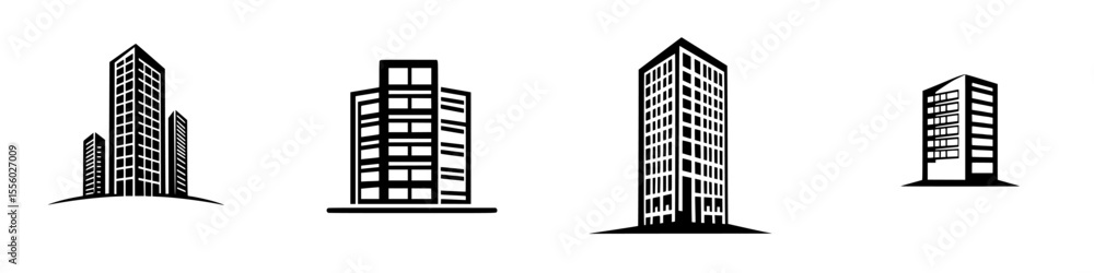 Poster black icon set featuring various building designs and shapes at different scales suitable for modern