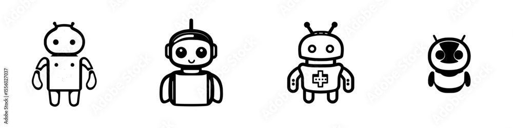Poster unique collection of four black icons representing different robot characters in minimalist design s
