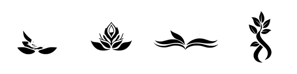 Set of four black icons featuring nature-inspired designs including leaves, a lotus, an open book, and a vine depicted in a minimalist style
