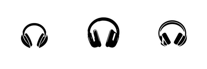 Black set of headphone icons in various styles on a clean background representing music and sound technology