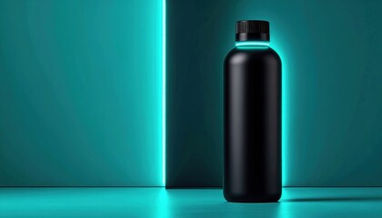 Sleek Black Bottle with Neon Glow on Teal Backdrop for Product Mockup