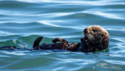 Sea Otter Relaxing in Ocean Water on a Sunny Day with Natural Habitat