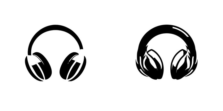 Black icon set featuring two distinct headphone designs for creative projects and digital applications