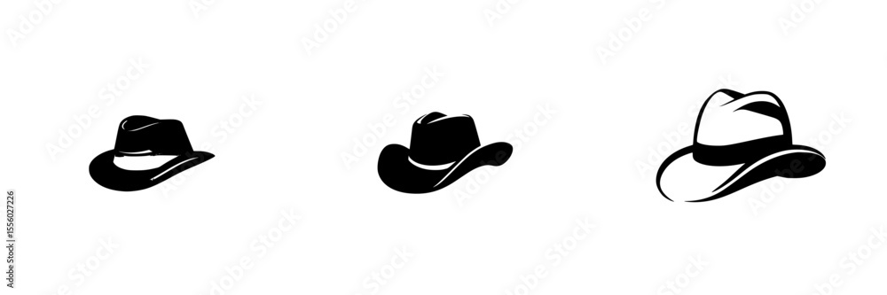 Poster set of three black icons featuring different styles of hats in a minimalist design suitable for vari