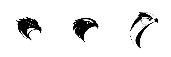 Set of three black icons depicting various stylized hawk profiles showcasing unique designs and artistic interpretations