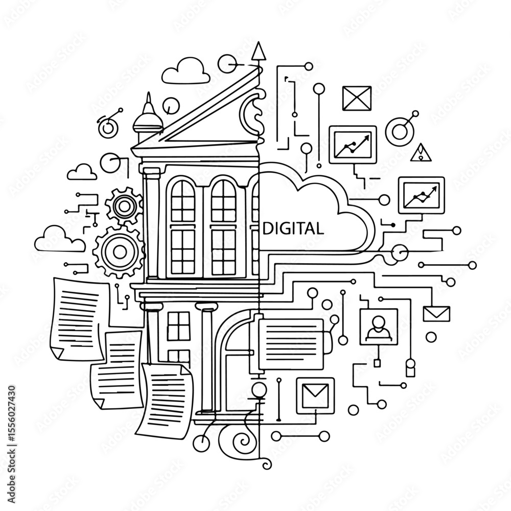 Poster building connected to digital cloud with data and communication icons