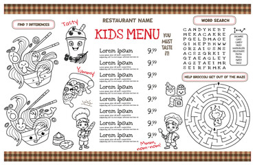 Template kids menu for restaurants. Placemat with interesting tasks for children. 17x11 inch printable vector file