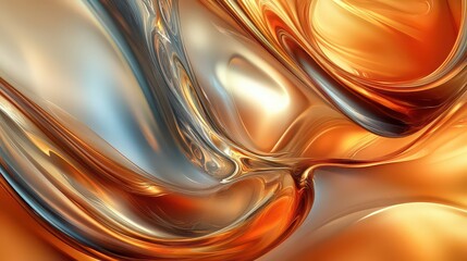 Abstract flowing liquid with metallic sheen in shades of orange silver and gold colors design