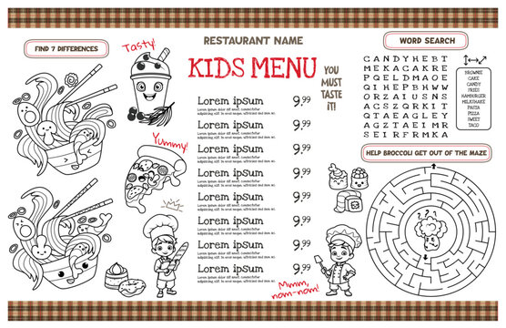 Template kids menu for restaurants. Placemat with interesting tasks for children. 17x11 inch printable vector file