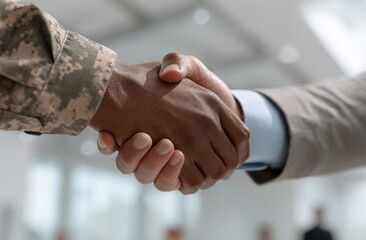 A soldier and a businessman shake hands, symbolizing a strong partnership forged between military service and civilian life.
