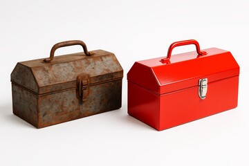 Side-by-side comparison of a rusty, old metal toolbox and a shiny, new red toolbox, showing contrast in age and condition.