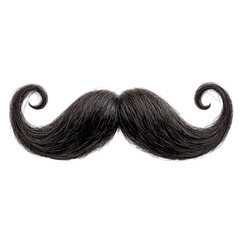 Classic black mustache with curly tips displayed against a transparent background, cutout PNG