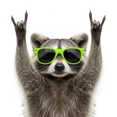 Funny raccoon wearing green sunglasses doing rock and roll sign on white background