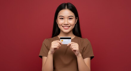 笑顔の女性 クレジットカード シンプル背景