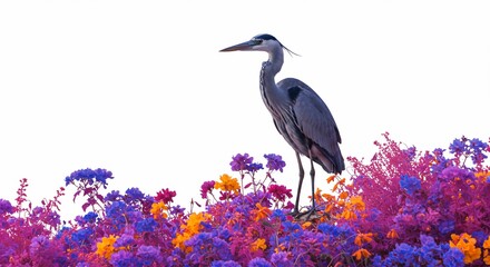 白背景 青いサギ 花畑に立つ 優雅な姿