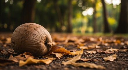 落ち葉の上の椰子 静かな森 秋の色合い