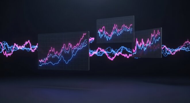Abstract visualization of financial data streams and performance analytics with glowing digital waveforms and evolving data charts on a dark background representing market trends and growth