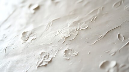 Close up of white floral embossed pattern on a textured surface with a shallow depth of field