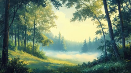 A serene forest landscape with sunlight filtering through trees and a misty background view scene