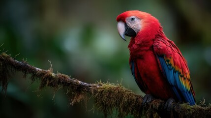 Fototapeta premium Scarlet macaw perches on mossy branch in tropical rainforest