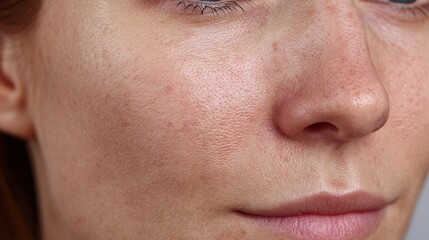 Fototapeta premium Detailed closeup of red acne spots on face highlighting skin texture and blemishes in a beauty context
