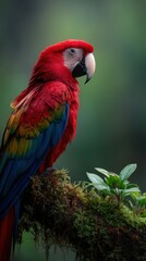 Obraz premium Scarlet macaw perches on a branch in the rainforest