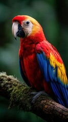 Naklejka premium Scarlet macaw perched on a mossy branch in Costa Rica
