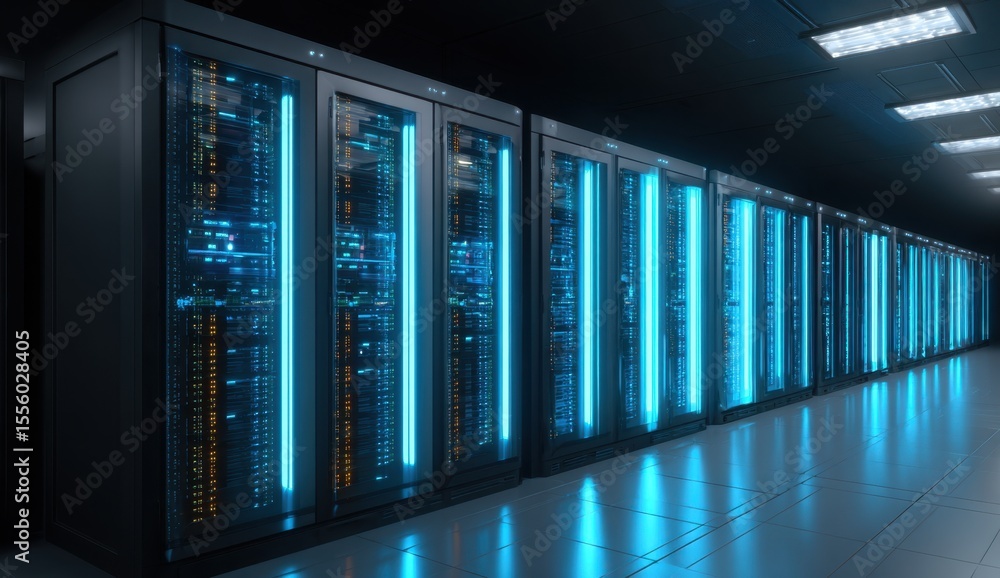 Poster illuminating the digital core: a mesmerizing view of a modern data center's glowing server racks.