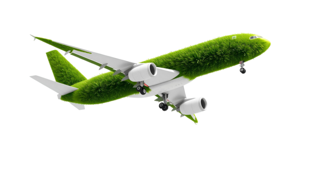 Photo of airplane flying in the sky covered with green grass isolated on transparent background