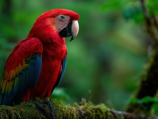 Fototapeta premium Scarlet Macaw perches on mossy branch in Tropical Rainforest