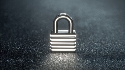 Minimal digital lock icon made from matte silver lines, floating over blurred surface