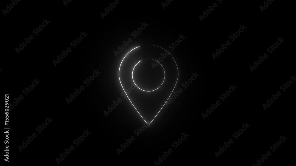Poster a red glowing neon map pointer sign, a symbol of location, illuminates the black background design